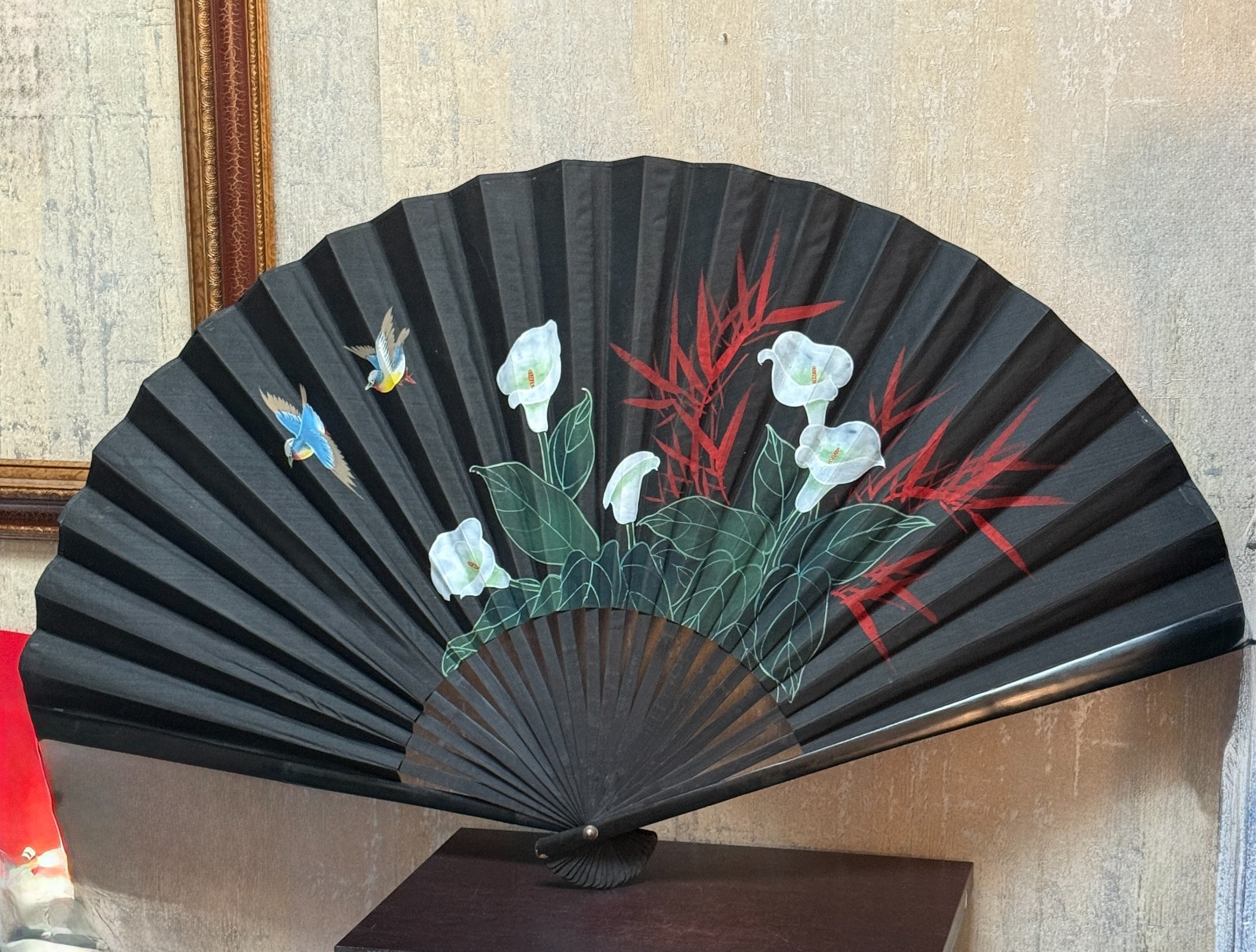 Vintage Chinese Handpainted Fan with Flowers and Birds Wall Decor 30" Vintage Chinese Handpainted Fan with Flowers and Birds Wall Decor 30"