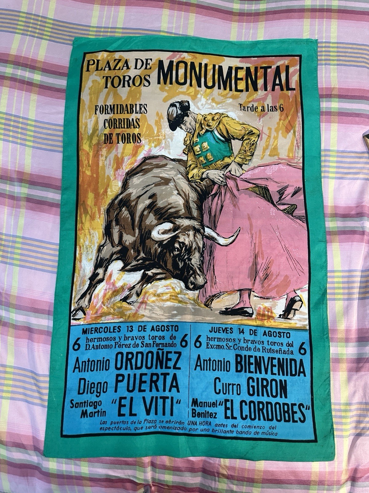 Spanish Bullfighter Plaza De Toros Monumental Vtg Souvenir Scarf Poster Matador