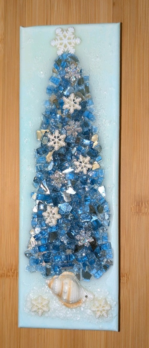 Handmade Sea Art Blue Glass Christmas Tree Sea Shells Stones Wall Hanging 12”X4” Handmade Sea Art Blue Glass Christmas Tree Sea Shells Stones Wall Hanging 12”X4”
