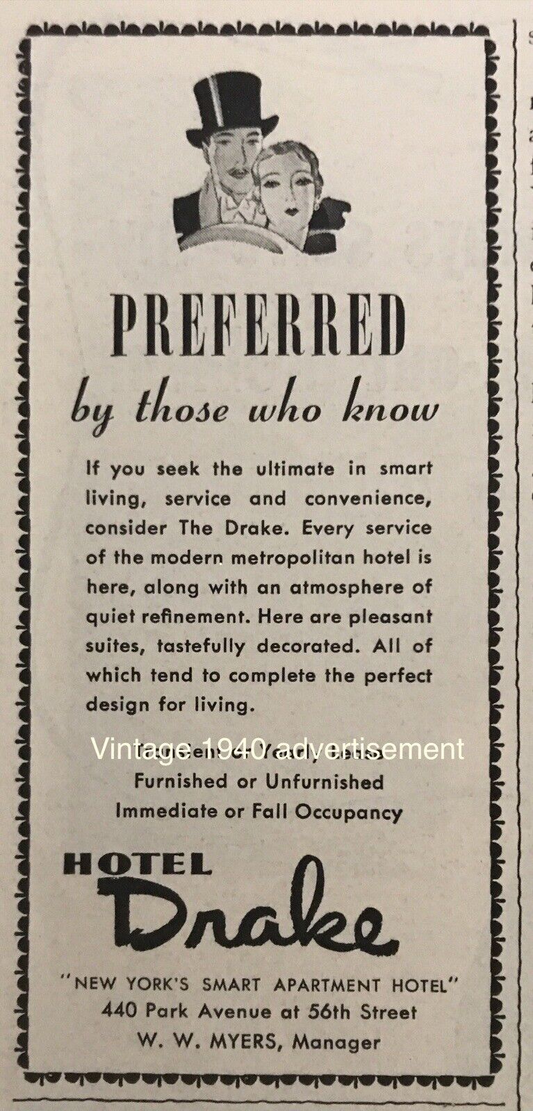 1940 The Drake Hotel New York City VINTAGE 5.5” AD Apartment Hotel PROMO