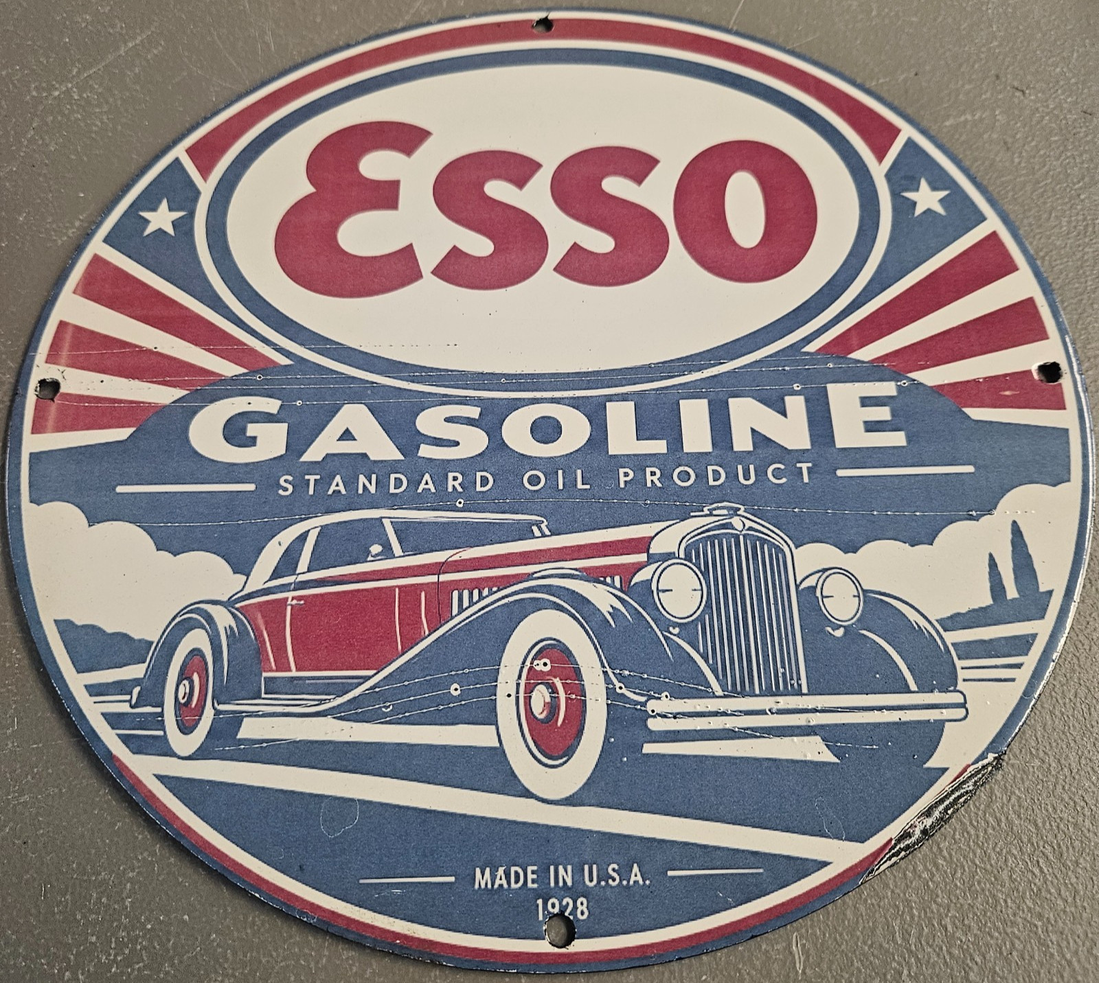 VINTAGE 1928 ESSO GASOLINE 12" PORCELAIN ENAMEL METAL SIGN STANDARD OIL GAS PUMP VINTAGE 1928 ESSO GASOLINE 12" PORCELAIN ENAMEL METAL SIGN STANDARD OIL GAS PUMP
