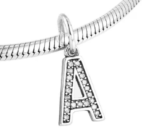 New Sterling Silver Pandora Initial Letter A Dangle Clear CZ Charm Bead  w/pouch