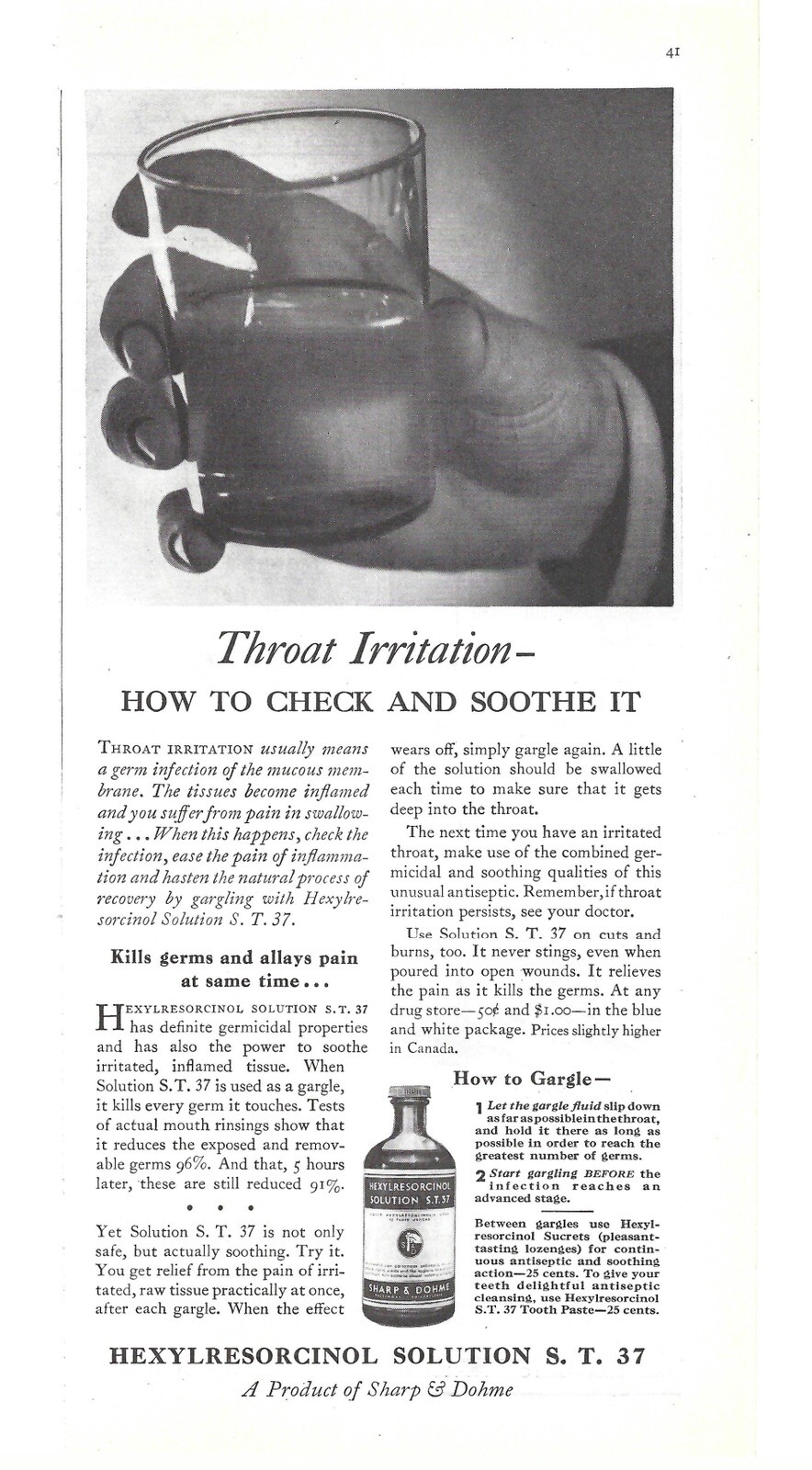 1936 Sharp & Dohme Hexylresorcinol Solution Vintage Magazine Print Ad/Poster