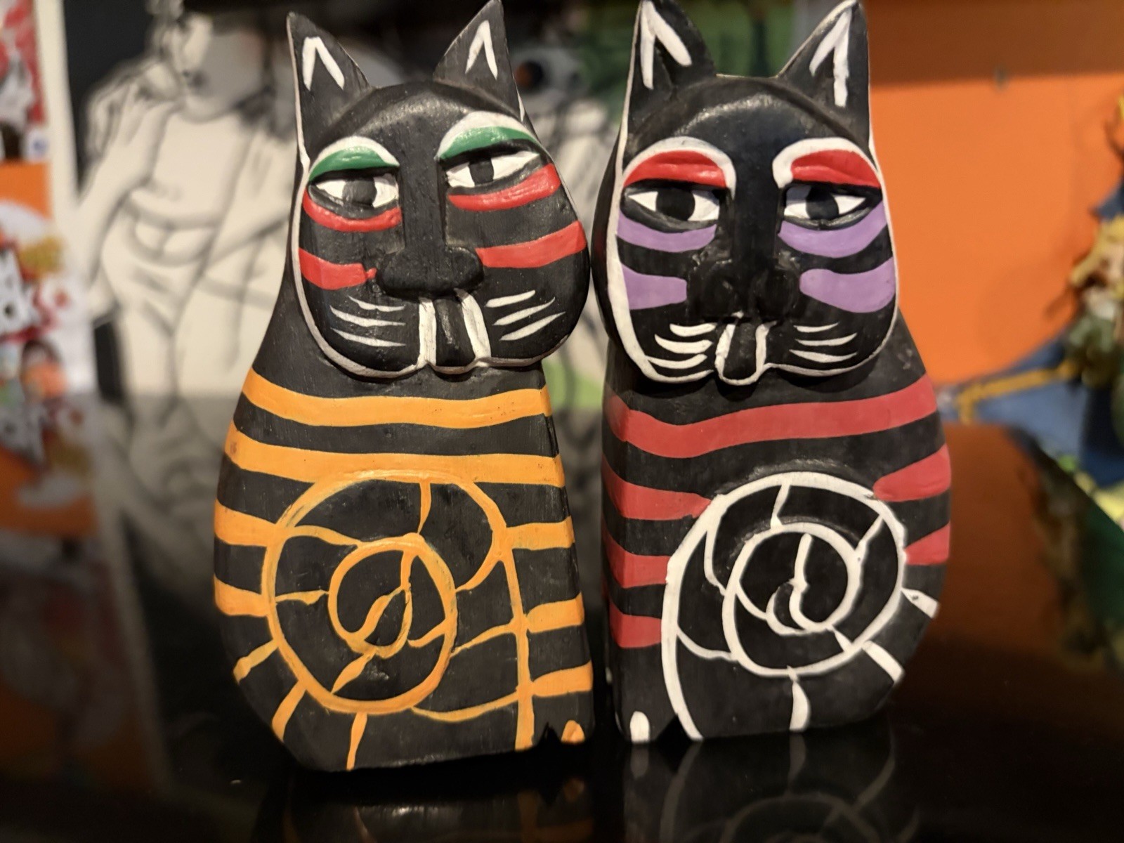 Vintage Laurel Burch Styled Cat / Wooden Hand Painted Folk Art Set Of 3 