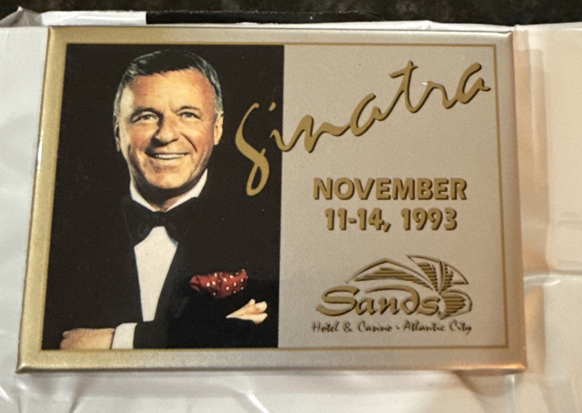 1993 FRANK SINATRA Sands Hotel/Casino 3 1/2" Pinback Button vintage Las Vegas 1993 FRANK SINATRA Sands Hotel/Casino 3 1/2" Pinback Button vintage Las Vegas