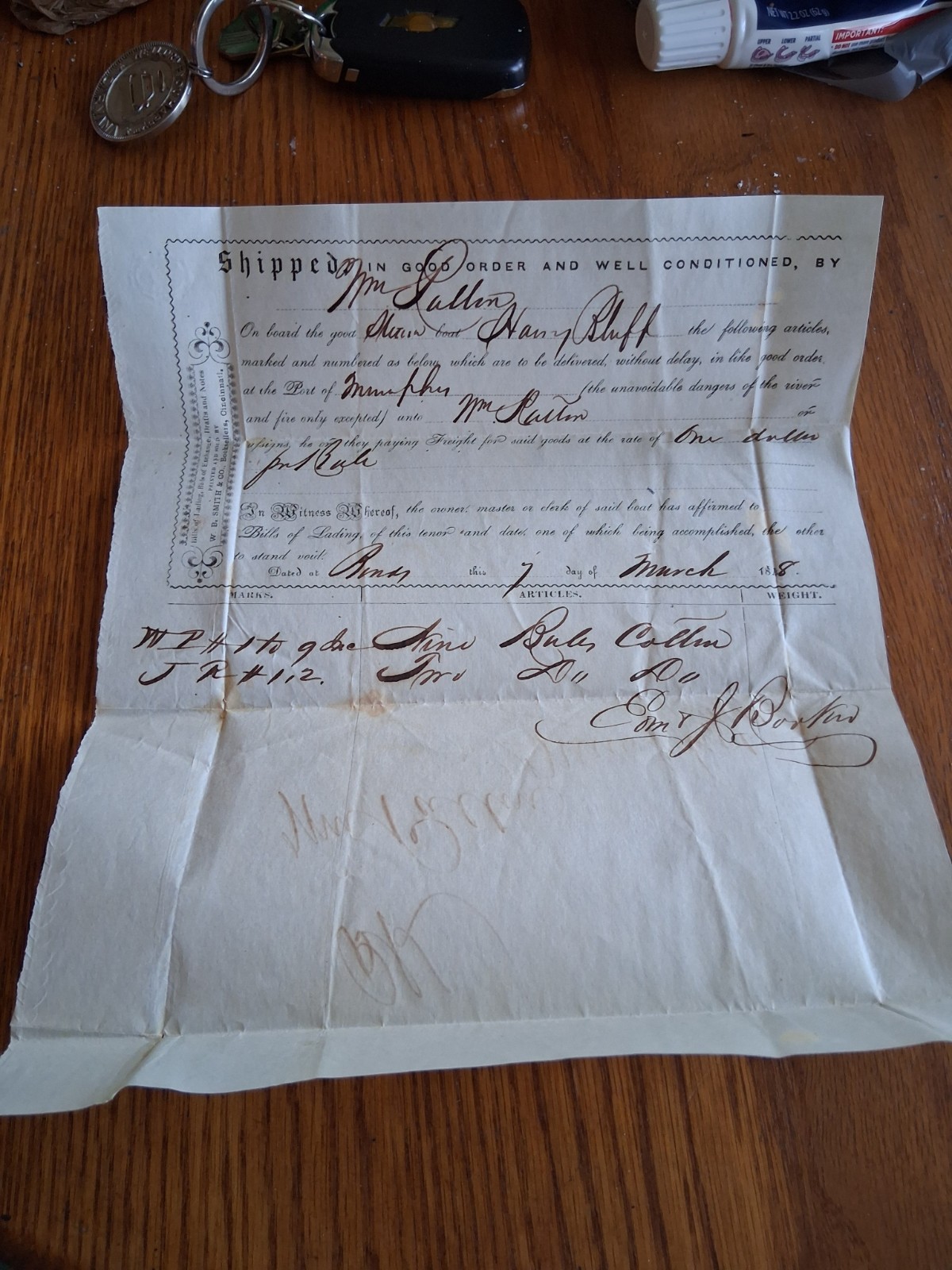 Rare 1838 Steamboat Bill of Lading – "Harry Bluff" Memphis / William Patton... Rare 1838 Steamboat Bill of Lading – "Harry Bluff" Memphis / William Patton...
