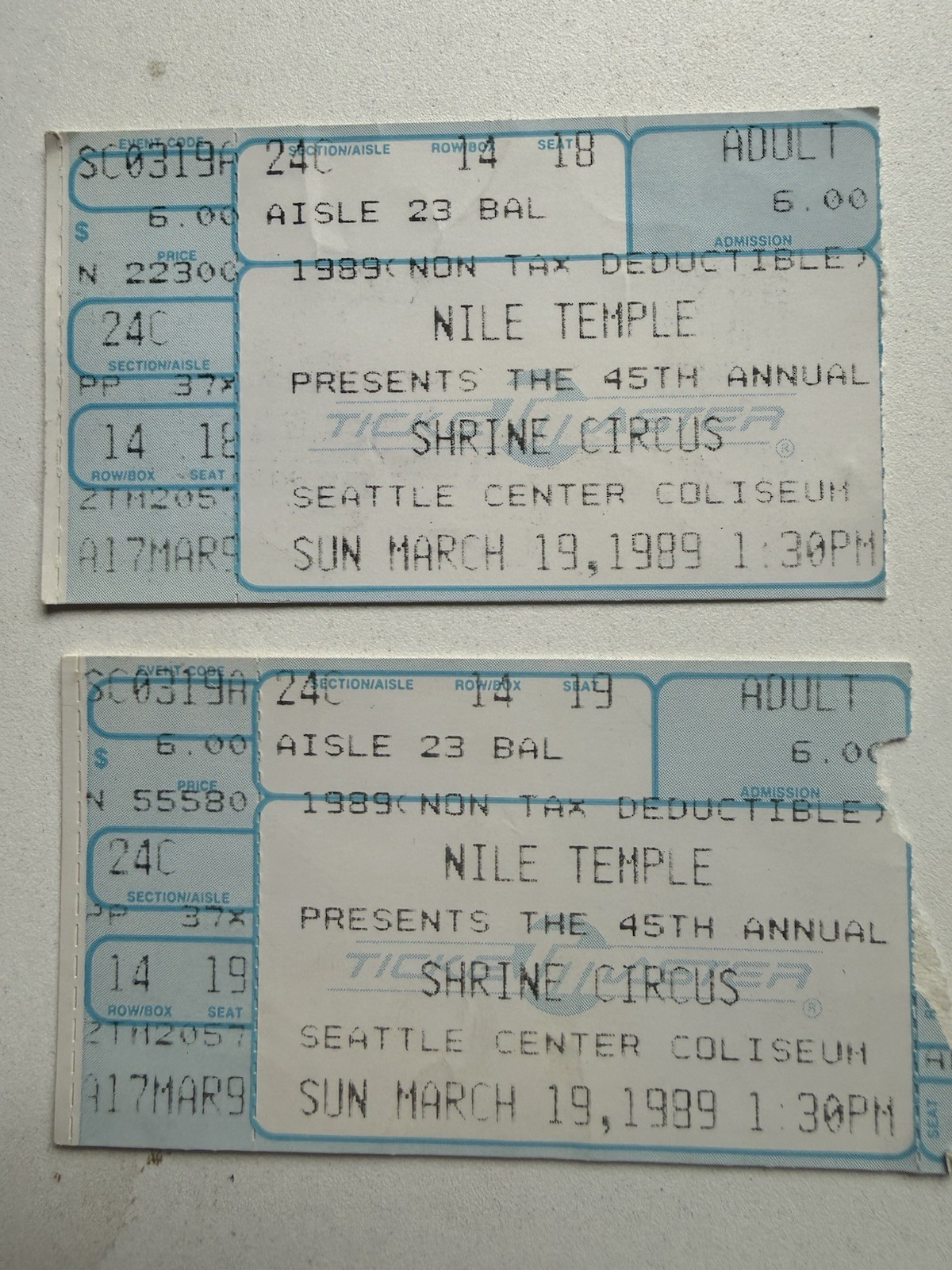 2 Vintage 1989 Nile Temple Shrine Circus Seattle Coliseum Ticket Stubs 2 Vintage 1989 Nile Temple Shrine Circus Seattle Coliseum Ticket Stubs