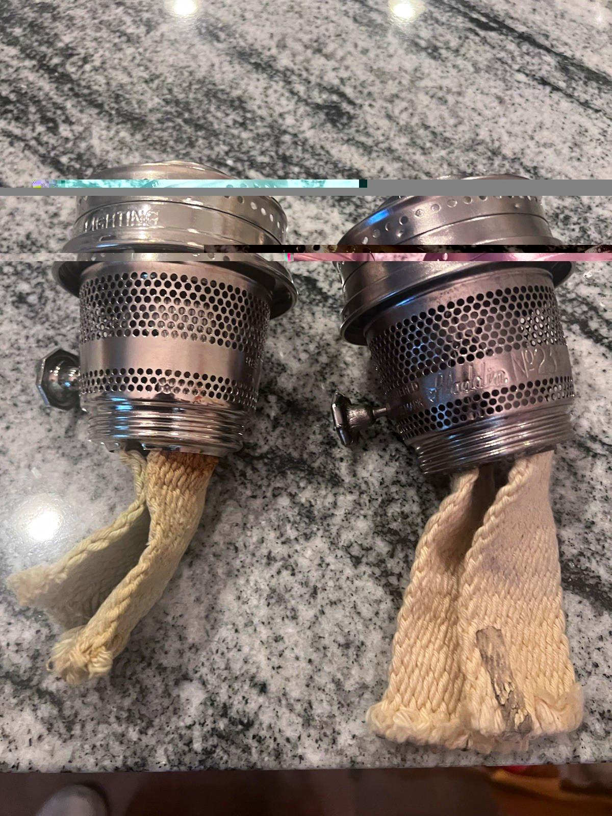 Pair of Aladdin Model 23 Chrome Oil Lamp Burners with Wicks