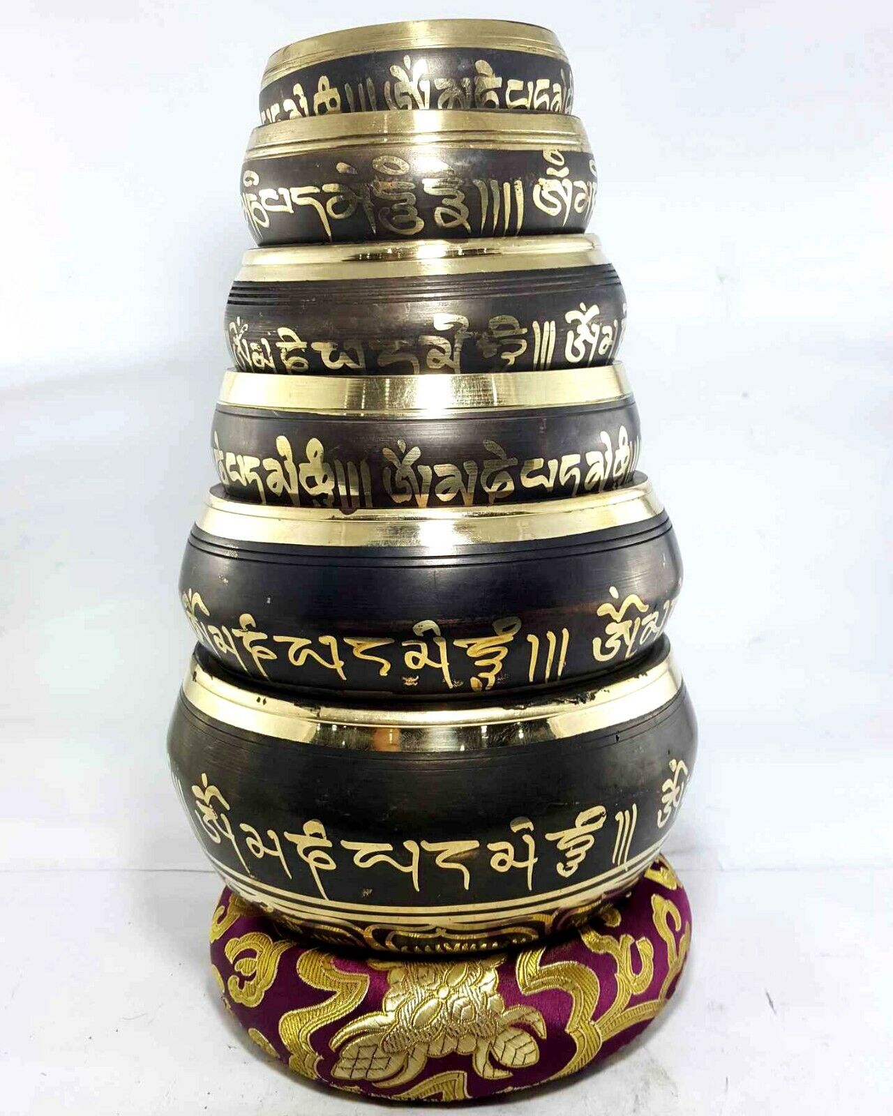 6 Pcs Set Itching Carved Singing Bowl Etched Chakra Brass Tibetan Healing Nepal
