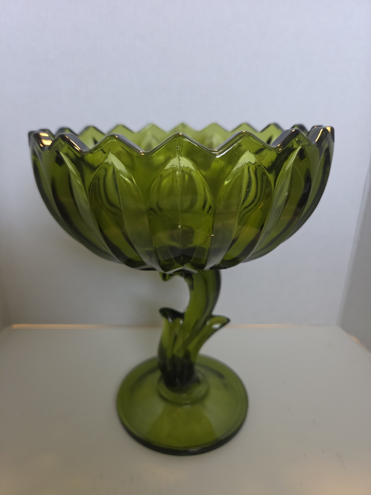 Vintage Olive Green Lotus Blossom Tall Compote Pedestal Dish Indiana Glass 7.5" Vintage Olive Green Lotus Blossom Tall Compote Pedestal Dish Indiana Glass 7.5"