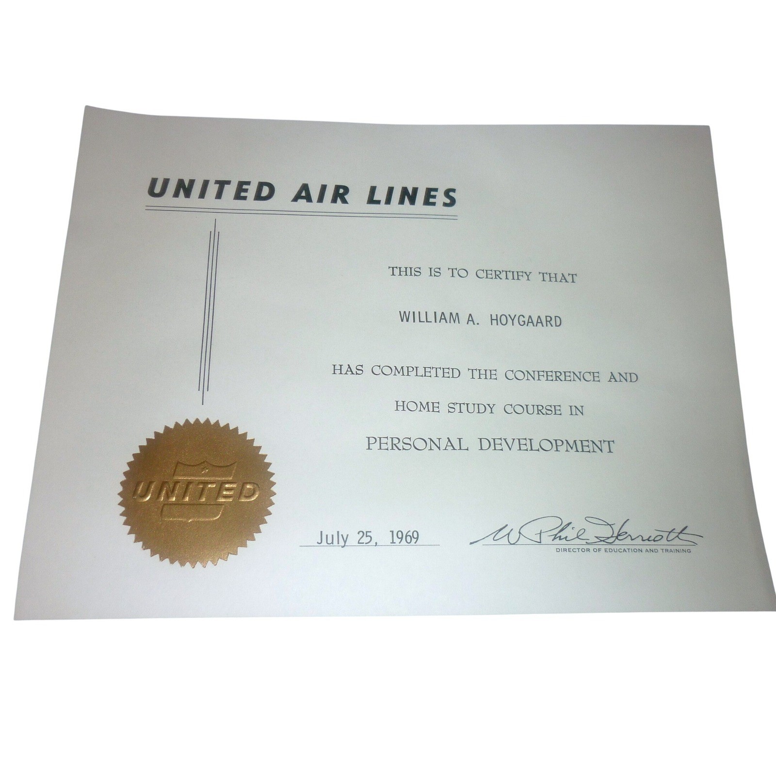 Vintage 1969 United Air Lines Personal Development Certificate Gold Seal 1960s