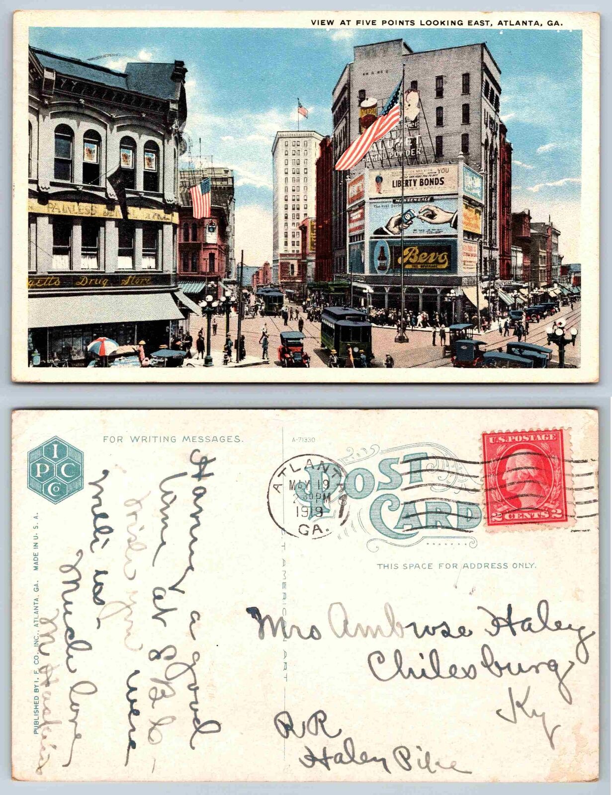 RARE - Vintage Postcard - FIVE POINTS LOOKING EAST, ATLANTA c1919, cars, trolley