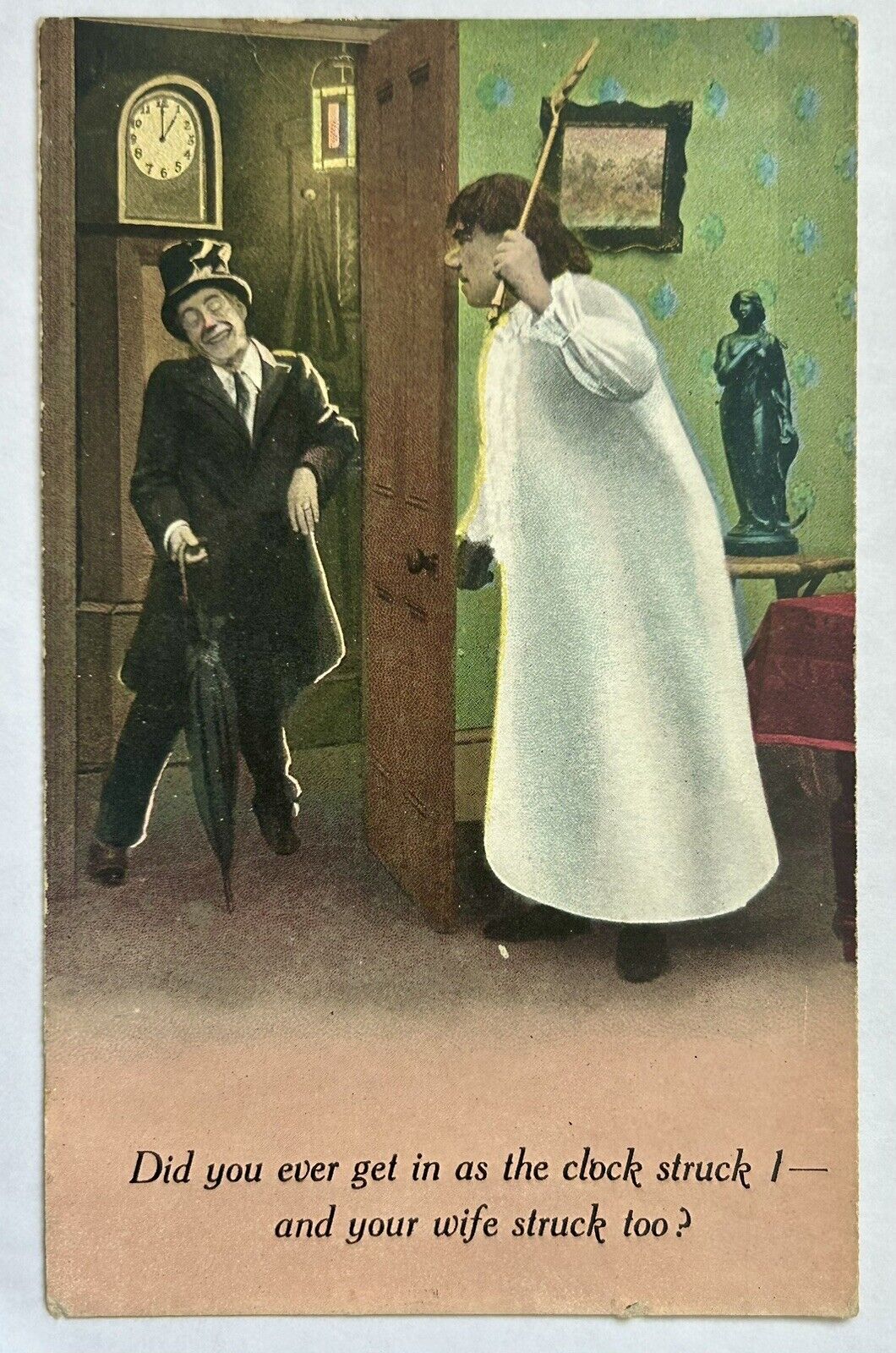 Clock Struck. Husband Gets Hit By Wife. Funny Vintage Postcard. 1910