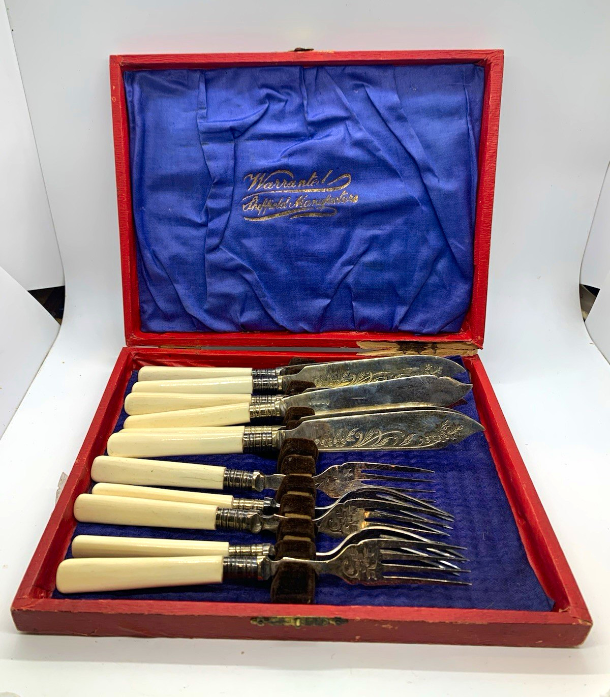 Sheffield Engraved Silver Plated Flatware Set, Ivory Handles, 11 piece Sheffield Engraved Silver Plated Flatware Set, Ivory Handles, 11 piece