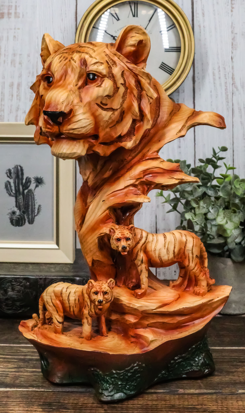 Large Bengal Tiger Bust Statue 11.75"Tall Faux Wood Resin Tiger Family In Jungle Large Bengal Tiger Bust Statue 11.75"Tall Faux Wood Resin Tiger Family In Jungle