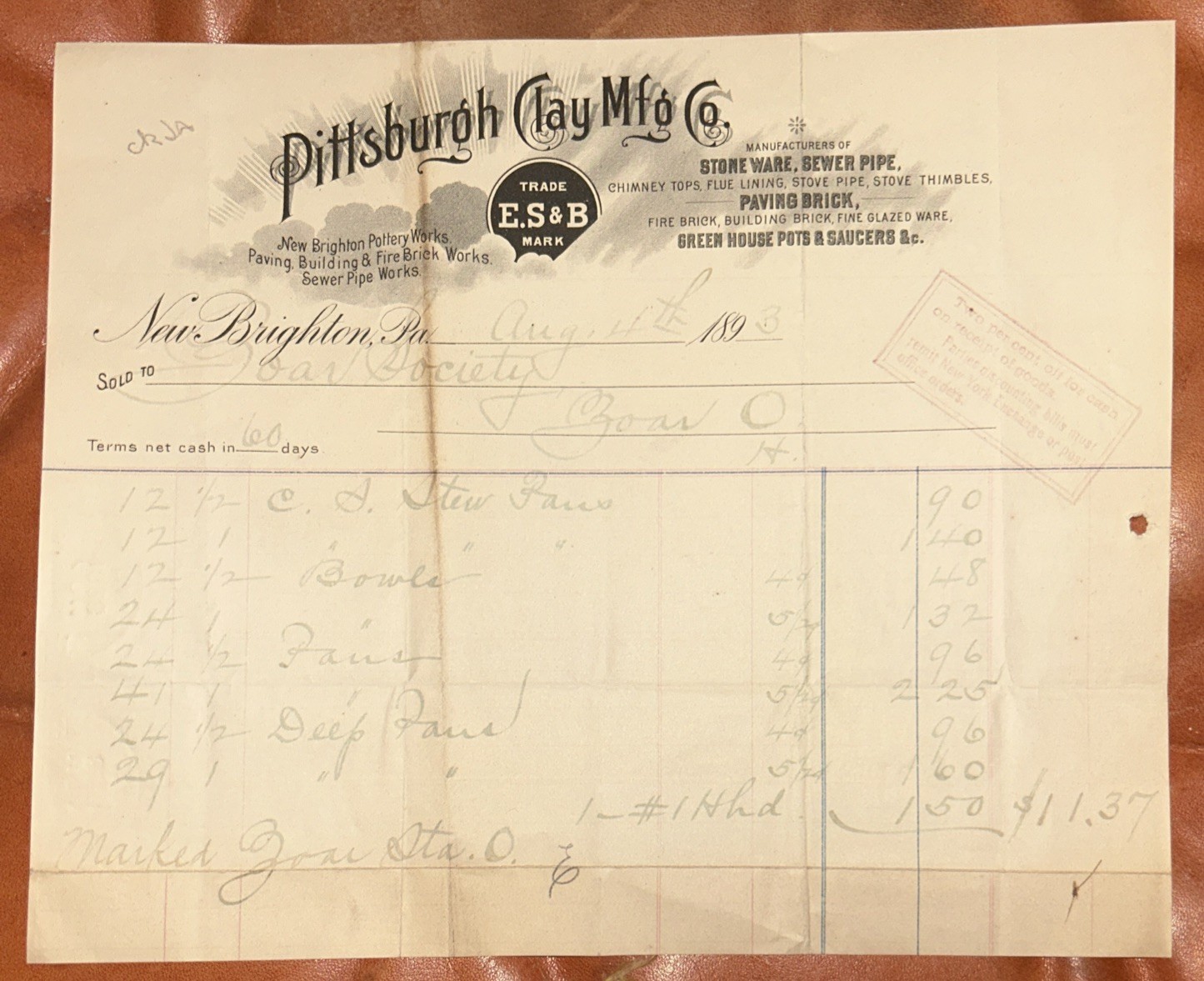 Pittsburgh Clay Manufacturing Company New Brighton PA 1893 Letterhead Pittsburgh Clay Manufacturing Company New Brighton PA 1893 Letterhead