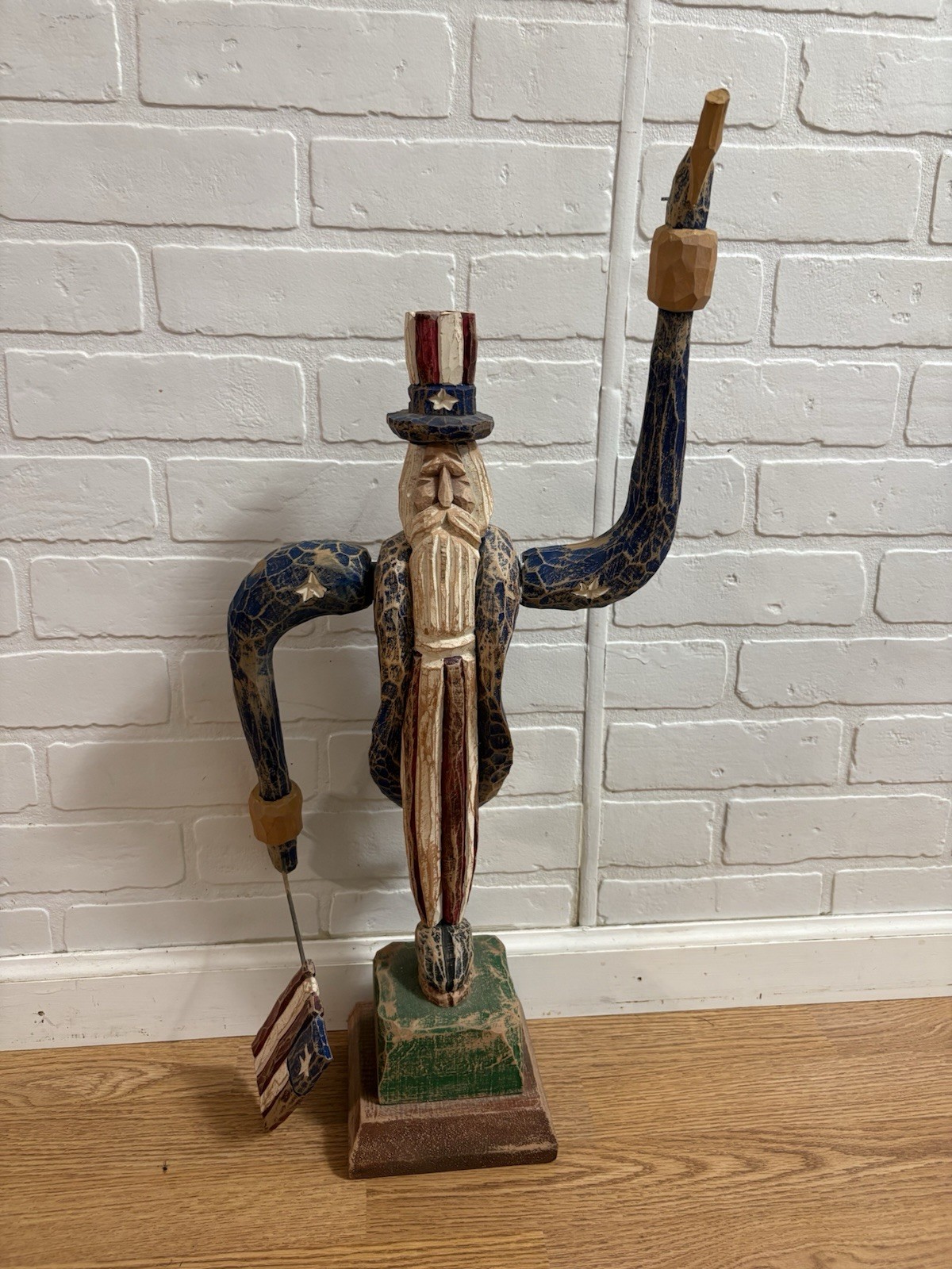 Vintage Folk Art 22" Hand Made Wooden Uncle Sam Figurine Statue Movable Arms