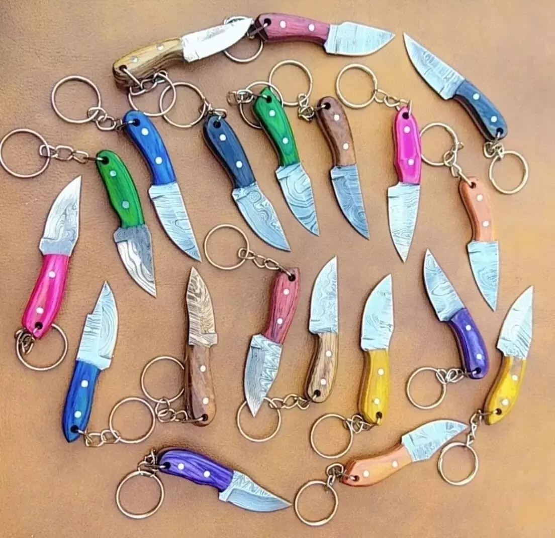 50 Piece Lot Keychain Knife Damascus Steel Mini Pocket Knife With Leather Sheath