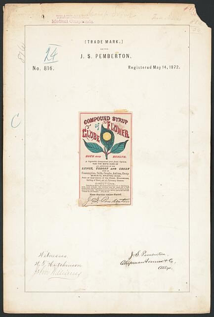 Photo:J S Pemberton 1872 Globe Flower Cough Syrup Trade Mark Label Photo:J S Pemberton 1872 Globe Flower Cough Syrup Trade Mark Label
