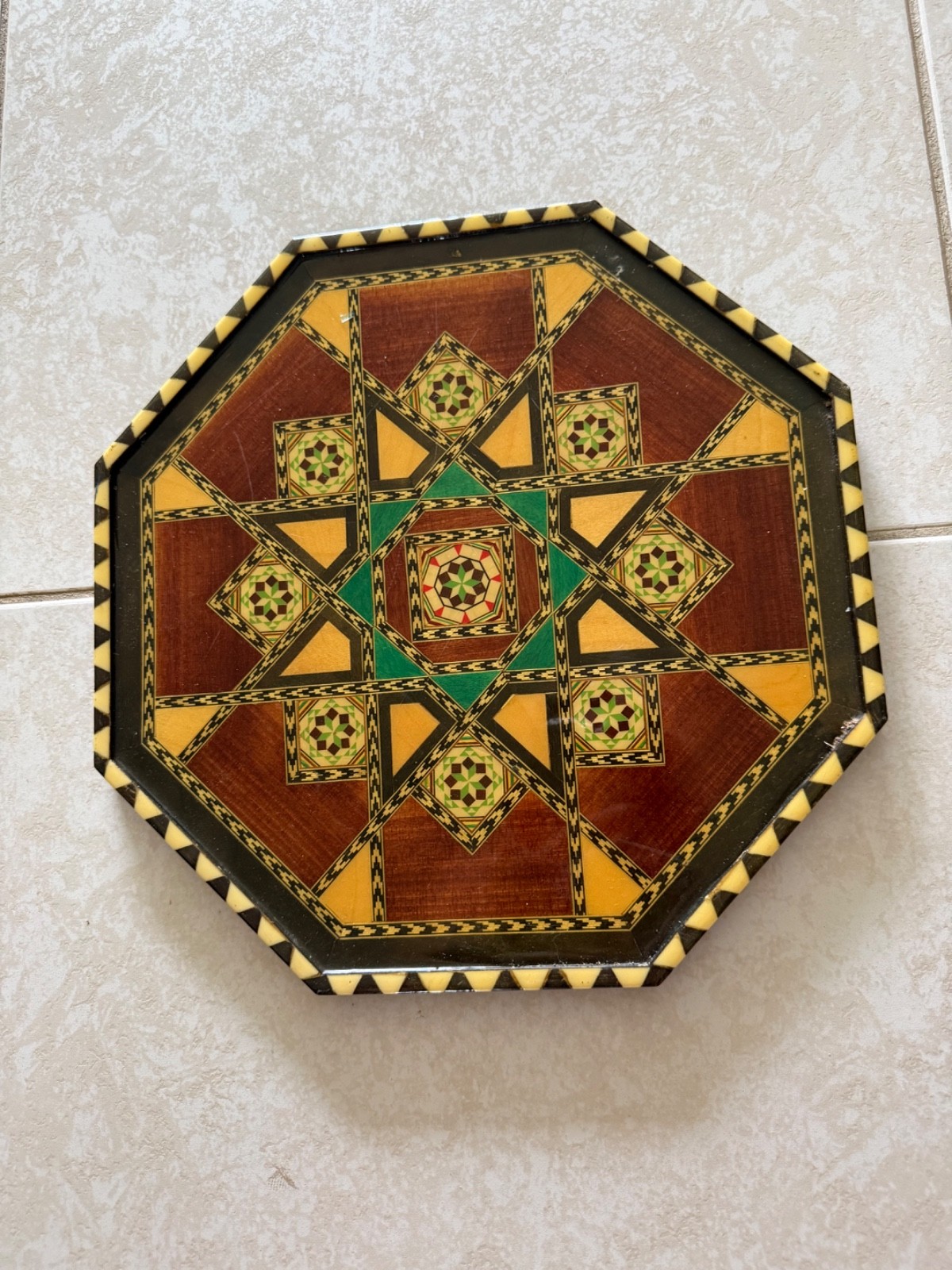 Vintage Moroccan Inlaid Wood Lacquered Octagonal Serving Tray 13" wide Vintage Moroccan Inlaid Wood Lacquered Octagonal Serving Tray 13" wide