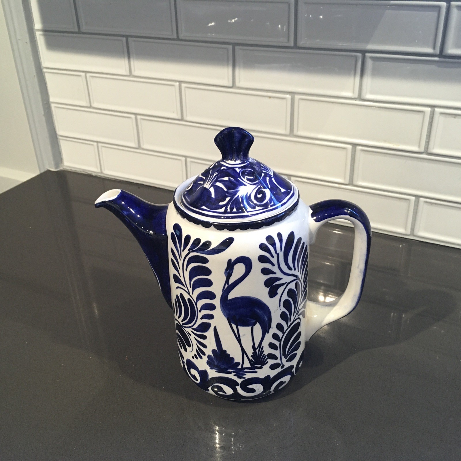 Vintage Anfora - Cobalt Blue & White Coffee/Tea Pot - Bird Motif Made in Mexico