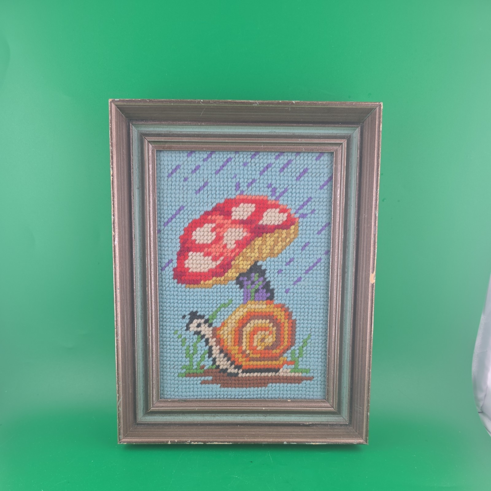 Vtg Mushroom Snail Needlepoint Framed Wall Art Retro Blue Sky Rainy Day 8.5×6.5 Vtg Mushroom Snail Needlepoint Framed Wall Art Retro Blue Sky Rainy Day 8.5×6.5
