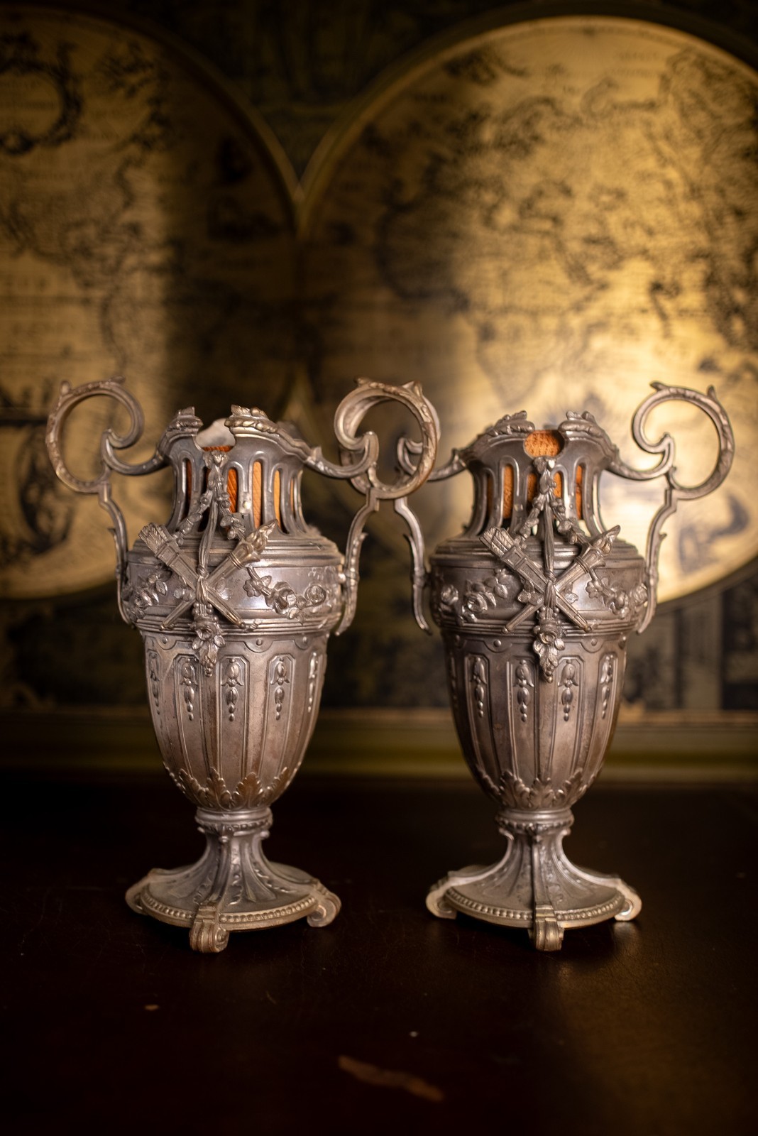 Antique Pair French Spelter Garniture Urns Vases Ornate Neoclassical 11.5" Antique Pair French Spelter Garniture Urns Vases Ornate Neoclassical 11.5"
