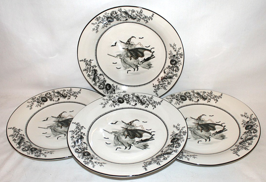 Potter's Studio Halloween Witch on Broom 10.5 Dinner Plates Set of Four New Potter's Studio Halloween Witch on Broom 10.5 Dinner Plates Set of Four New