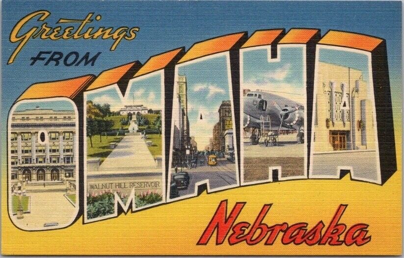 Vintage 1940s OMAHA, Nebraska Large Letter Postcard Multi-View / Tichnor Linen