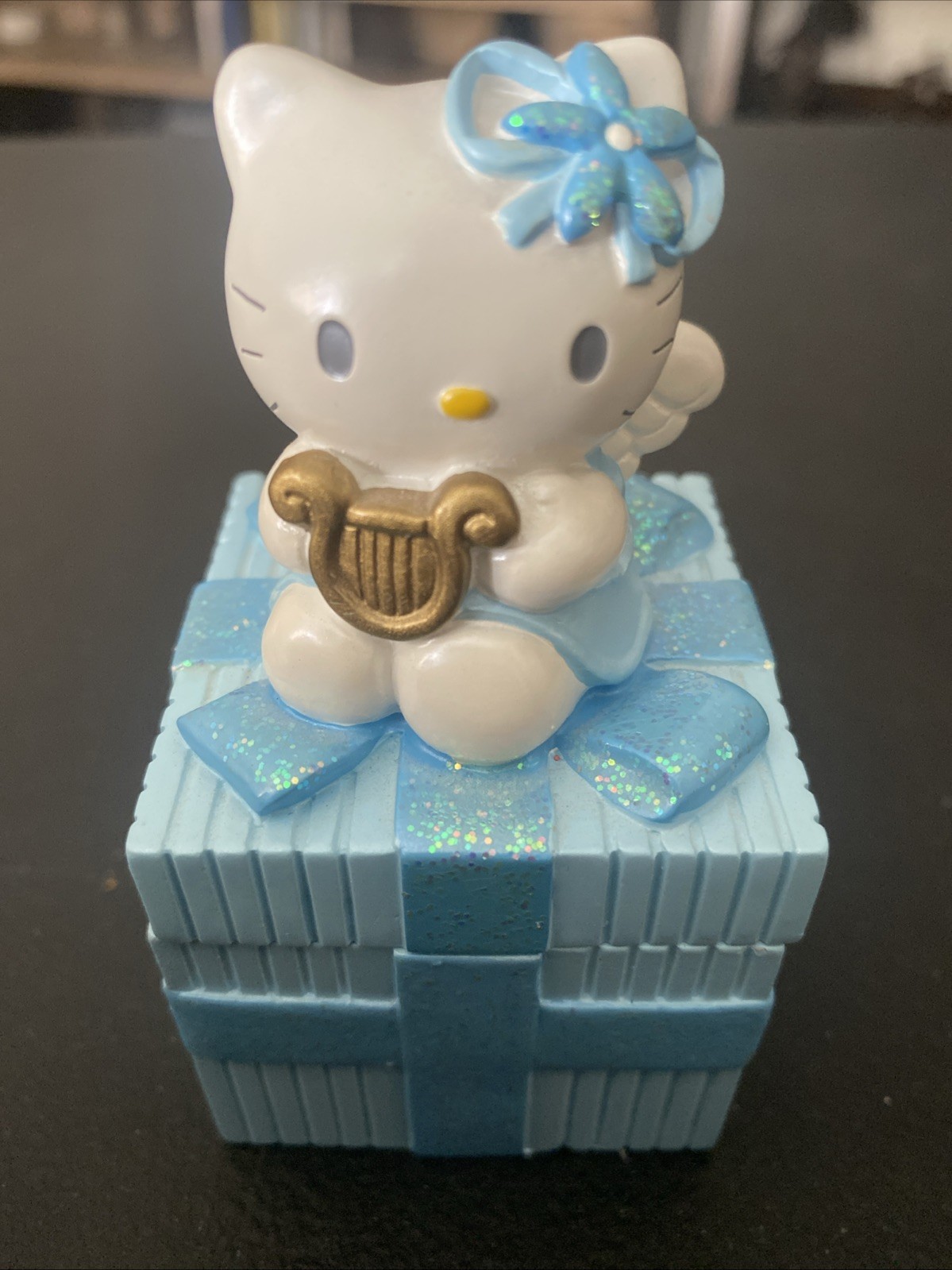 Vintage 1976 ,2001 Hello Kitty Trinket Box Blue Gift Box By Sanrio 3 7/8 Tall