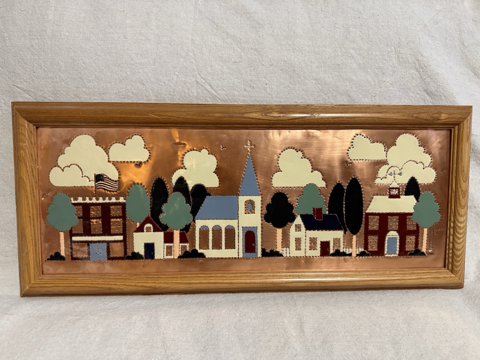 Vintage Handmade & Painted Punched Copper Town Square Folk Art Wall Art