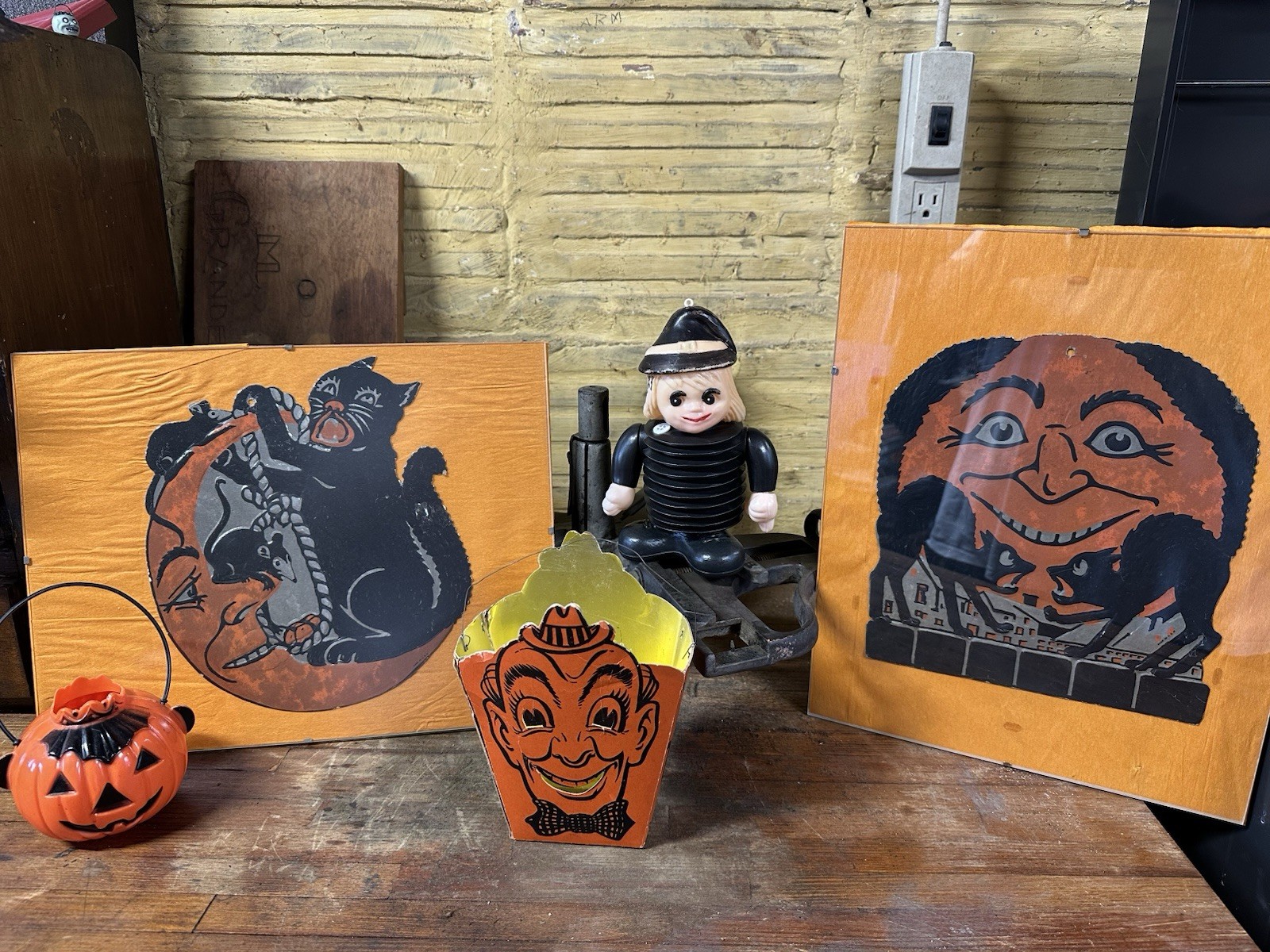 RARE Antique Vintage Halloween Lot Candy Box Container Decoration Hat & Cat RARE Antique Vintage Halloween Lot Candy Box Container Decoration Hat & Cat