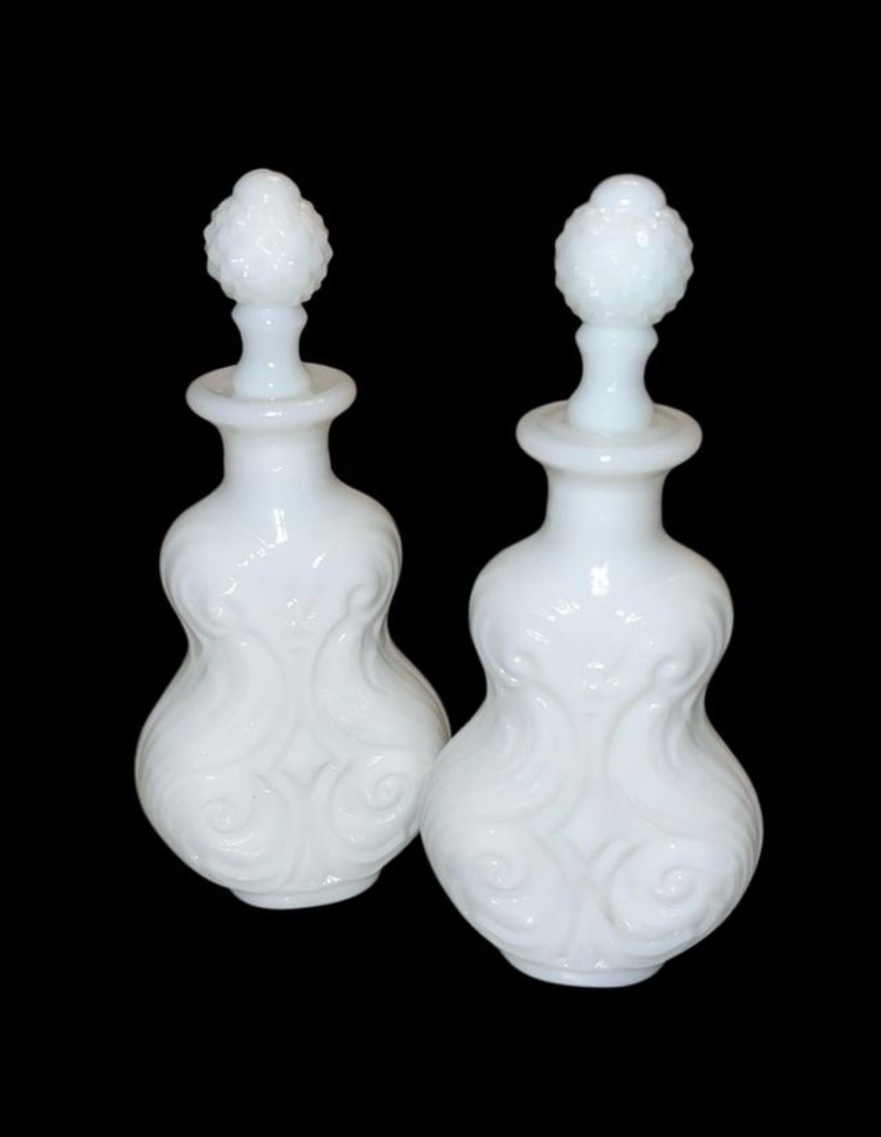 Antique Imperial Milk Glass Perfume Cologne Bottle Pair Lyre Shape UV Glow Antique Imperial Milk Glass Perfume Cologne Bottle Pair Lyre Shape UV Glow