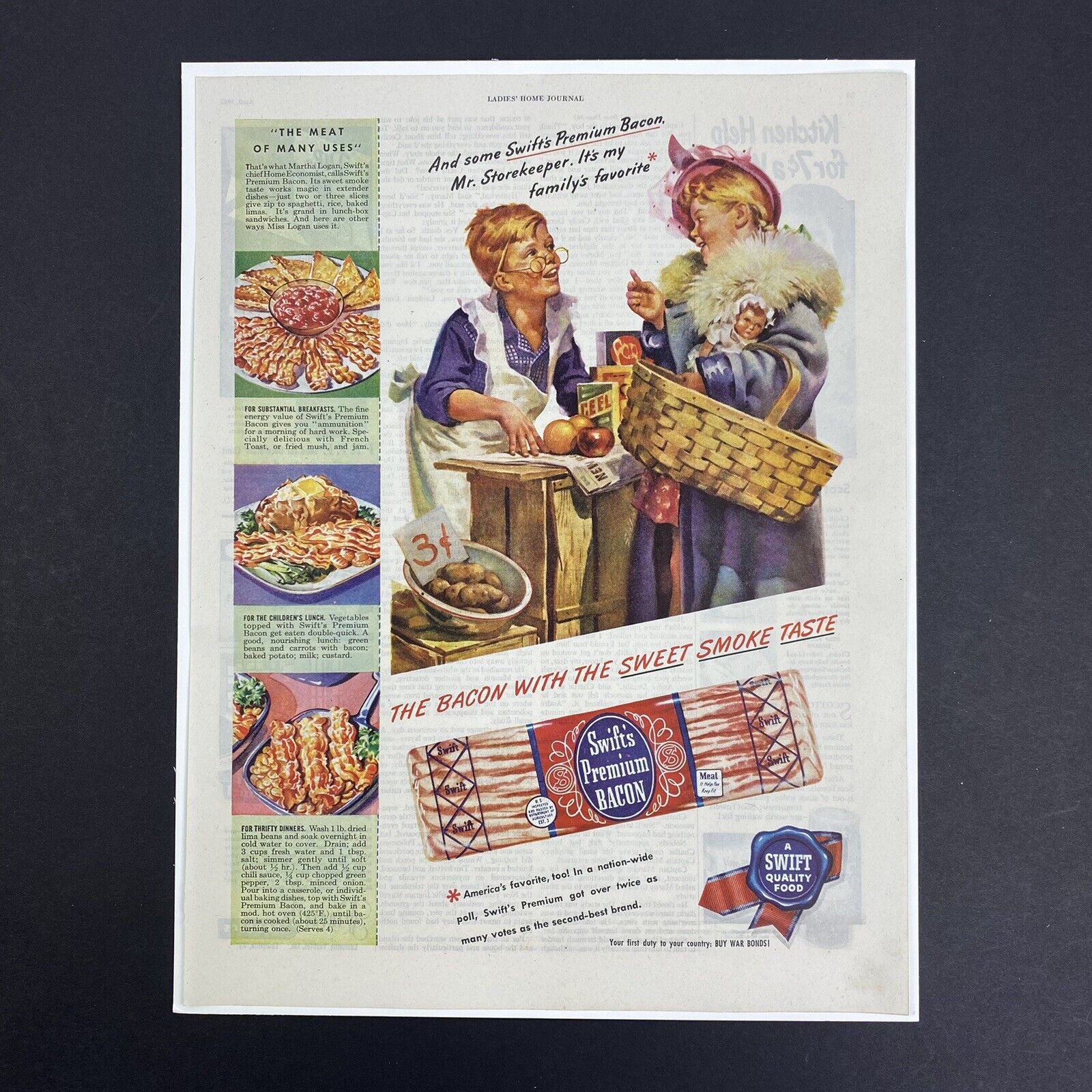 Vintage 1945 Swift's Premium Bacon Print Magazine Ad Ladies Home Journal