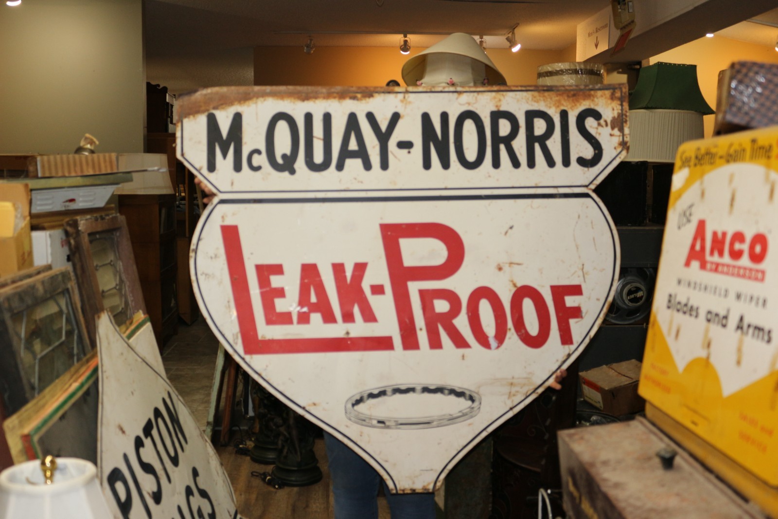 Huge 47"x84" Vintage 1940's McQuay-Norris Leak-Proof Piston Rings 2 Piece Sign Huge 47"x84" Vintage 1940's McQuay-Norris Leak-Proof Piston Rings 2 Piece Sign