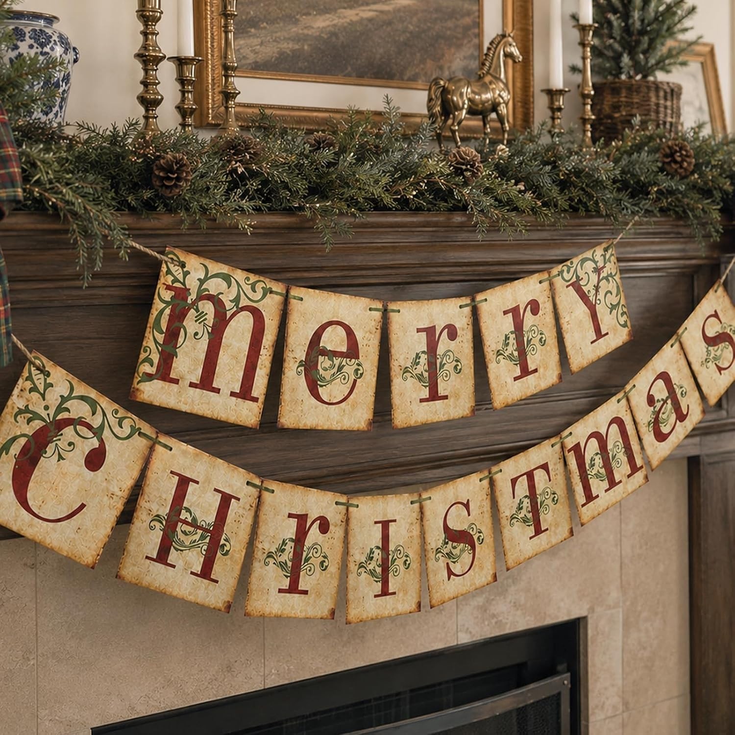 Vintage Merry Christmas Banner Retro Holiday Garland for Mantel Home Tree Decors