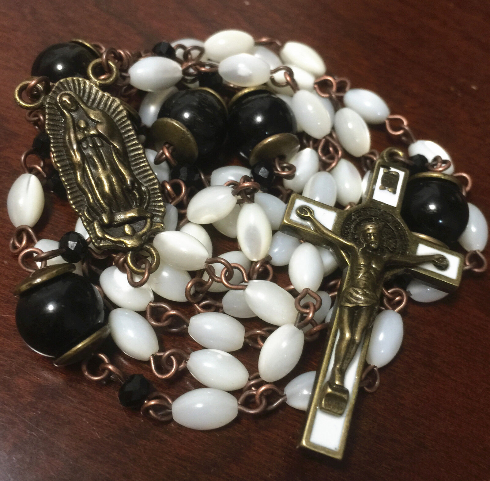 Vintage Mother of Pearl Black Obsidian Beads ROSARY & bronze Cross NECKLACE