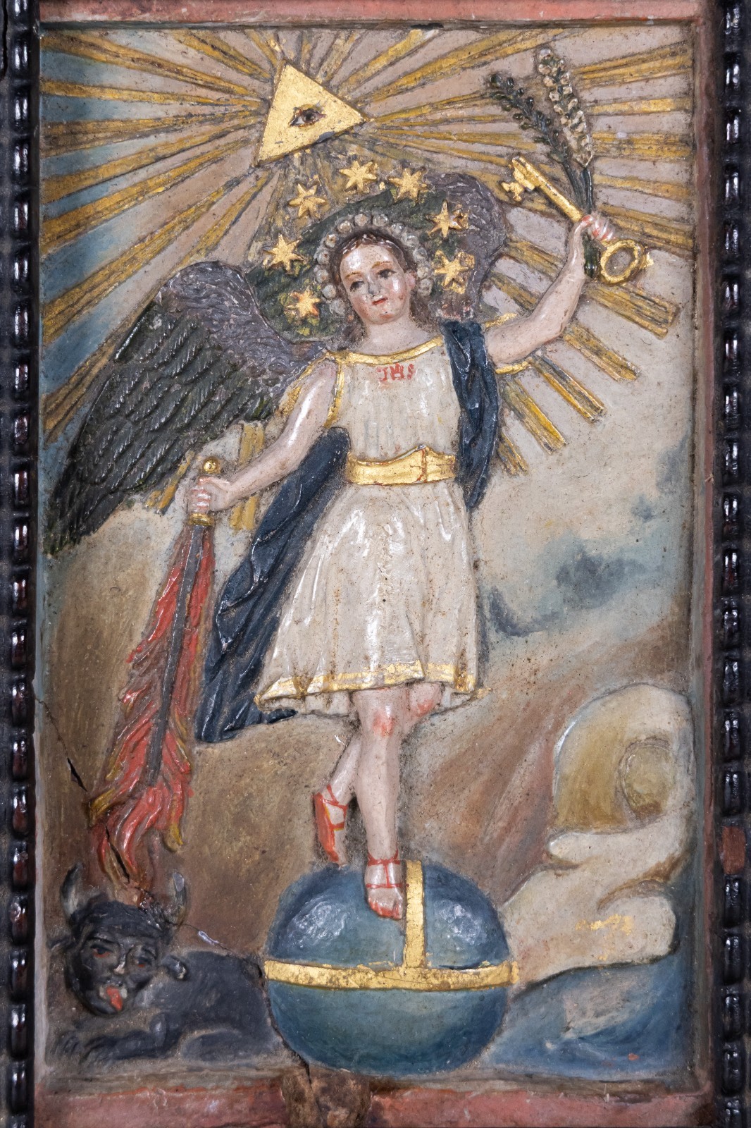 Rare 1834 Antique Colombian Signed St Michael Carved & Painted Alabaster Retablo Rare 1834 Antique Colombian Signed St Michael Carved & Painted Alabaster Retablo