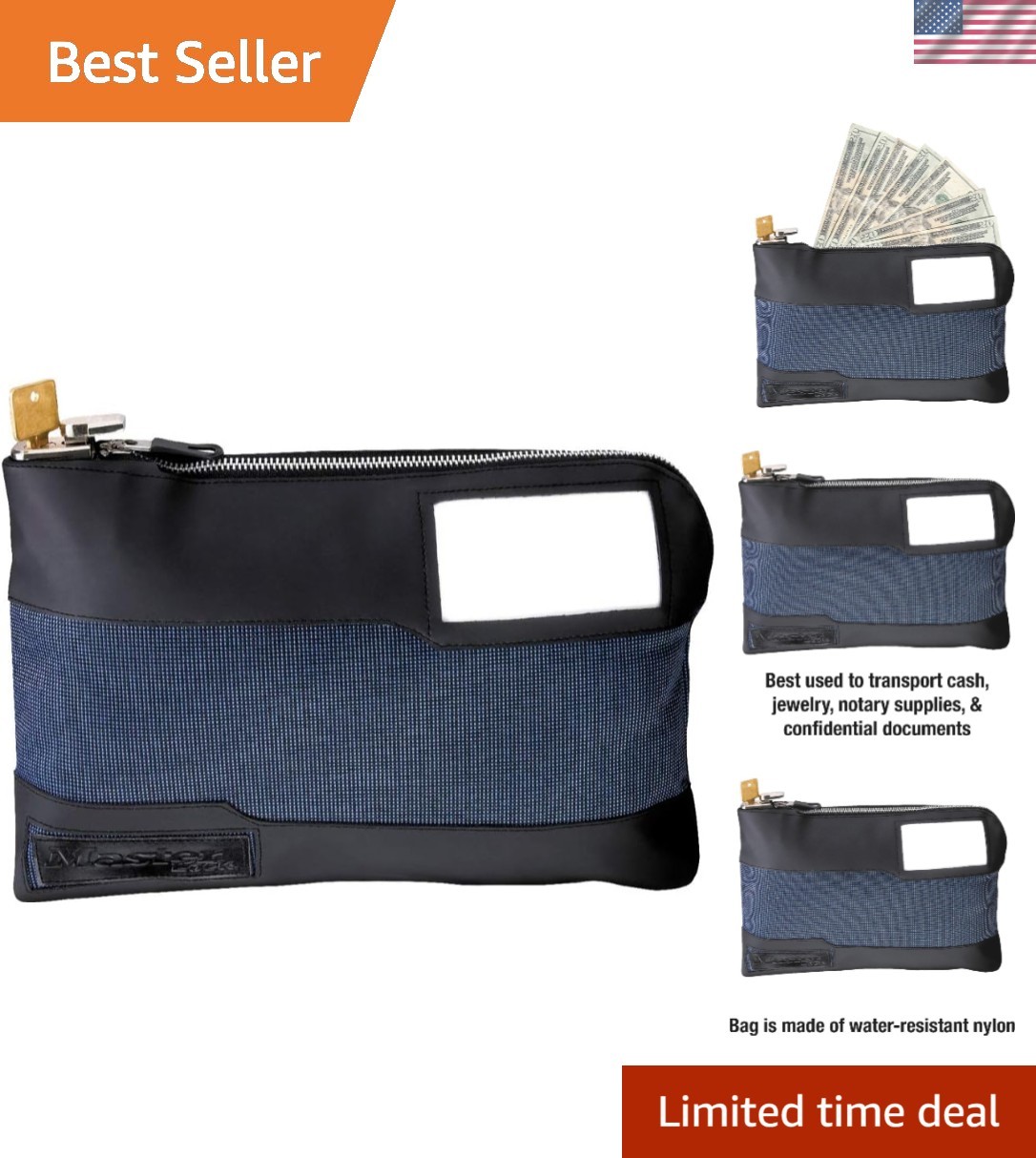 Locking Money Bag with Key Lock and Zipper, 11-1/2 In. Portable Pouch Locking Money Bag with Key Lock and Zipper, 11-1/2 In. Portable Pouch