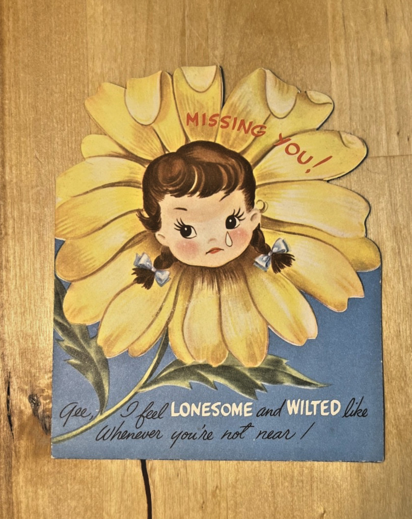 Unused Vintage Greeting Card Missing You Girl Daisy Flower 1950s Midcentury Unused Vintage Greeting Card Missing You Girl Daisy Flower 1950s Midcentury