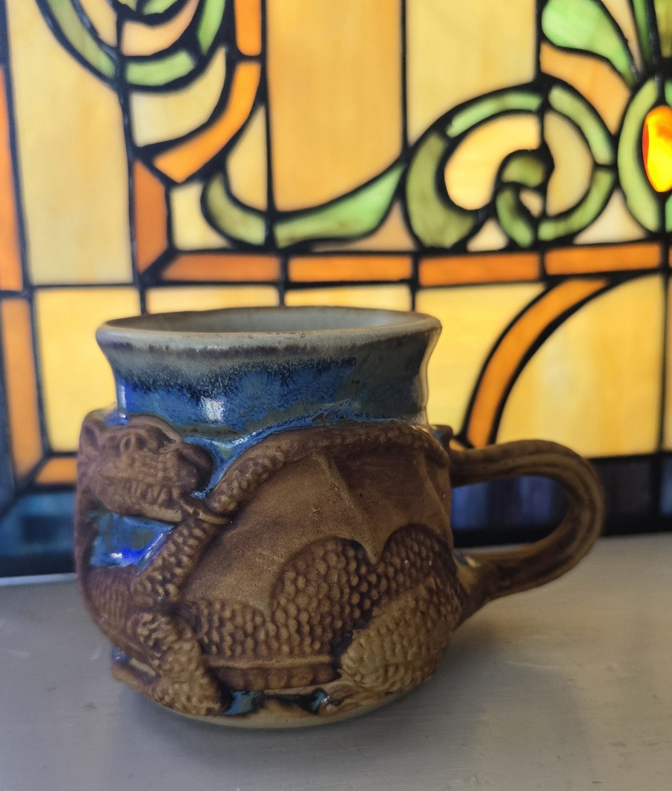 Stonebridge Studio Pottery Dragon Mug 3"H Blue Glaze Medievil Gothic Art