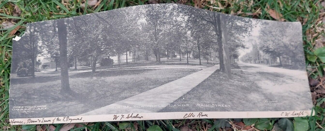 Vtg Extra-long Double Postcard Panoramic Grass Lake, MI A.S. Lyndon Ann Arbor