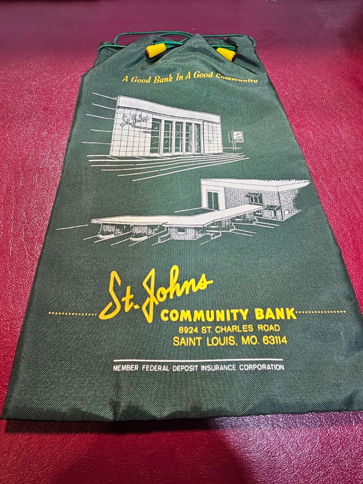 Vintage ST. JOHNS COMMUMITY BANK Deposit Draw String Bag ST LOUIS MISSOURI Vintage ST. JOHNS COMMUMITY BANK Deposit Draw String Bag ST LOUIS MISSOURI
