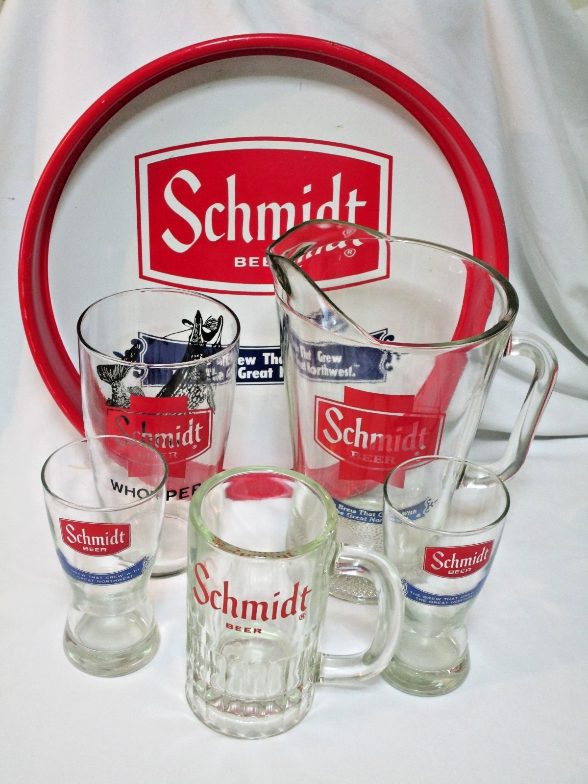 Vtg Schmidt Beer Bar Lot - Pitcher, Serving Tray, Whopper Pilsner Glasses / Mug Vtg Schmidt Beer Bar Lot - Pitcher, Serving Tray, Whopper Pilsner Glasses / Mug