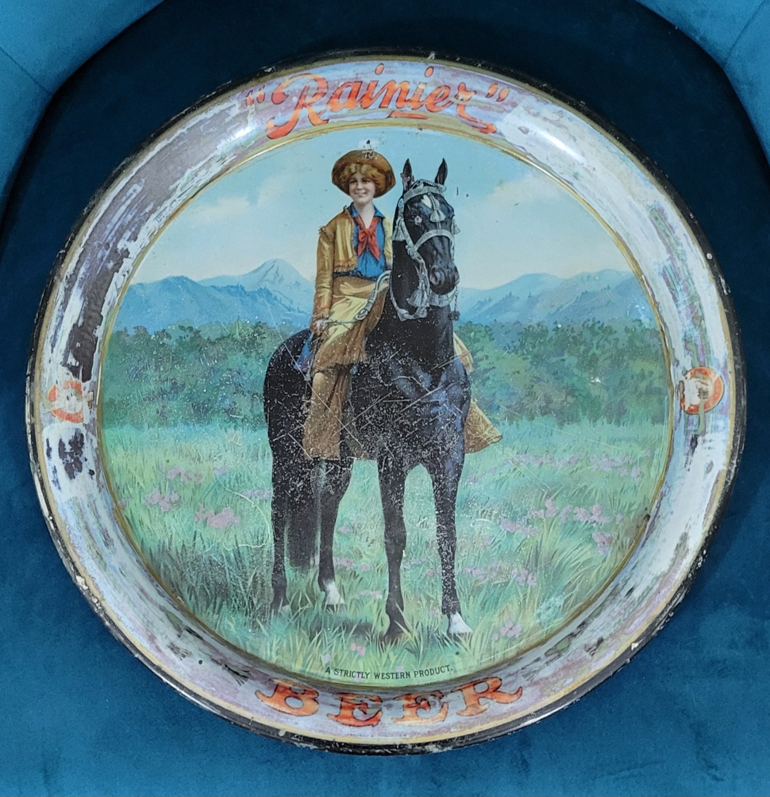 Rare Vintage 1905 Pre-Prohibition Cowgirl On Horse Rainier Beer 13" Tray Rare Vintage 1905 Pre-Prohibition Cowgirl On Horse Rainier Beer 13" Tray