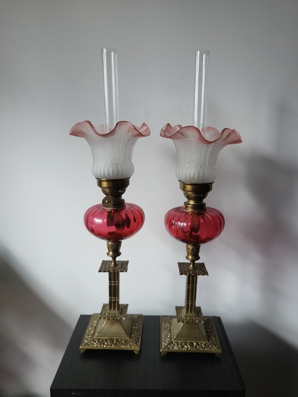 Pair Stunning Antique French Gaudard Cranberry Glass Oil Lamps Matching 20" .... Pair Stunning Antique French Gaudard Cranberry Glass Oil Lamps Matching 20" ....