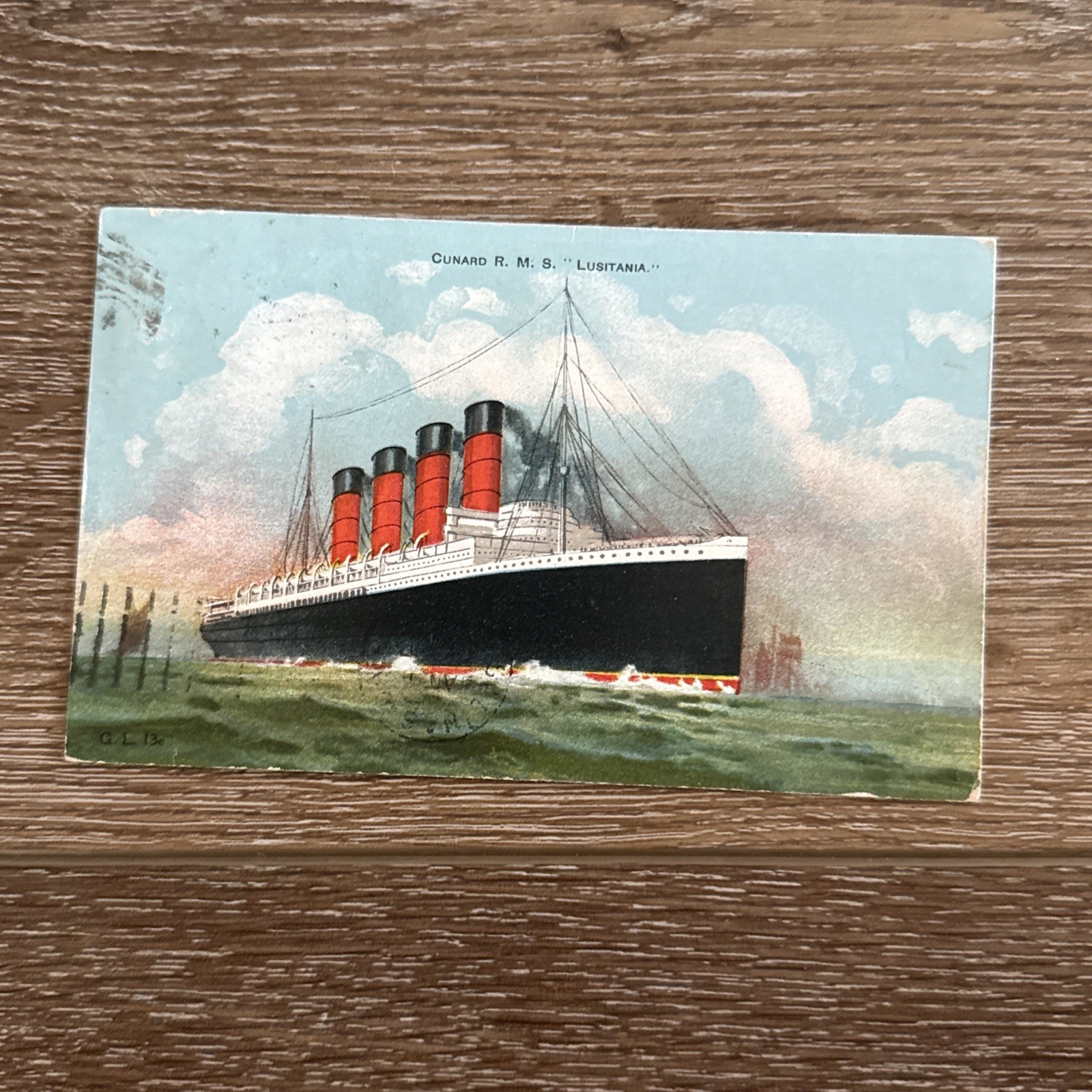1908 RMS Lusitania Cunard Line Ship Steamer Vintage Postcard postmarked 1908 RMS Lusitania Cunard Line Ship Steamer Vintage Postcard postmarked
