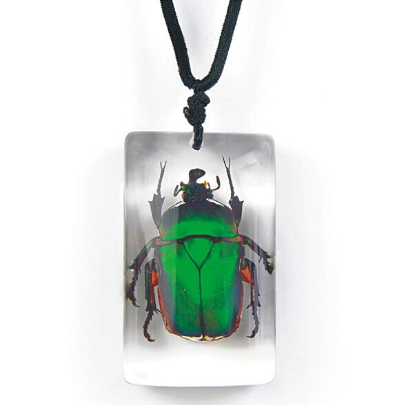 REAL GREEN SCARAB BEETLE NECKLACE ACRYLIC PRESERVED SPECIMEN ADJUSTABLE CHAIN