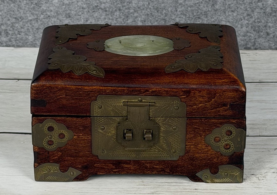 Vintage Chinese Jewelry Box 5.25" Wood Brass Jade Inlay Padded Pink Silk Lining Vintage Chinese Jewelry Box 5.25" Wood Brass Jade Inlay Padded Pink Silk Lining