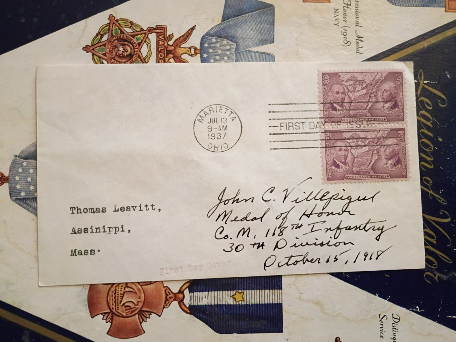 Cpl. JOHN CANTY VILLEPIGUE Medal of Honor 30th Division WWI Signed FDC X_SCARCE